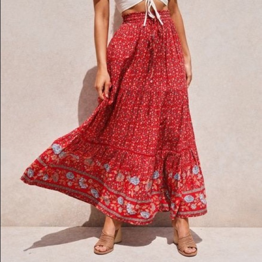 Long Maxi Boho Floral Gypsy Print Skirt Red - Picture 5 of 16